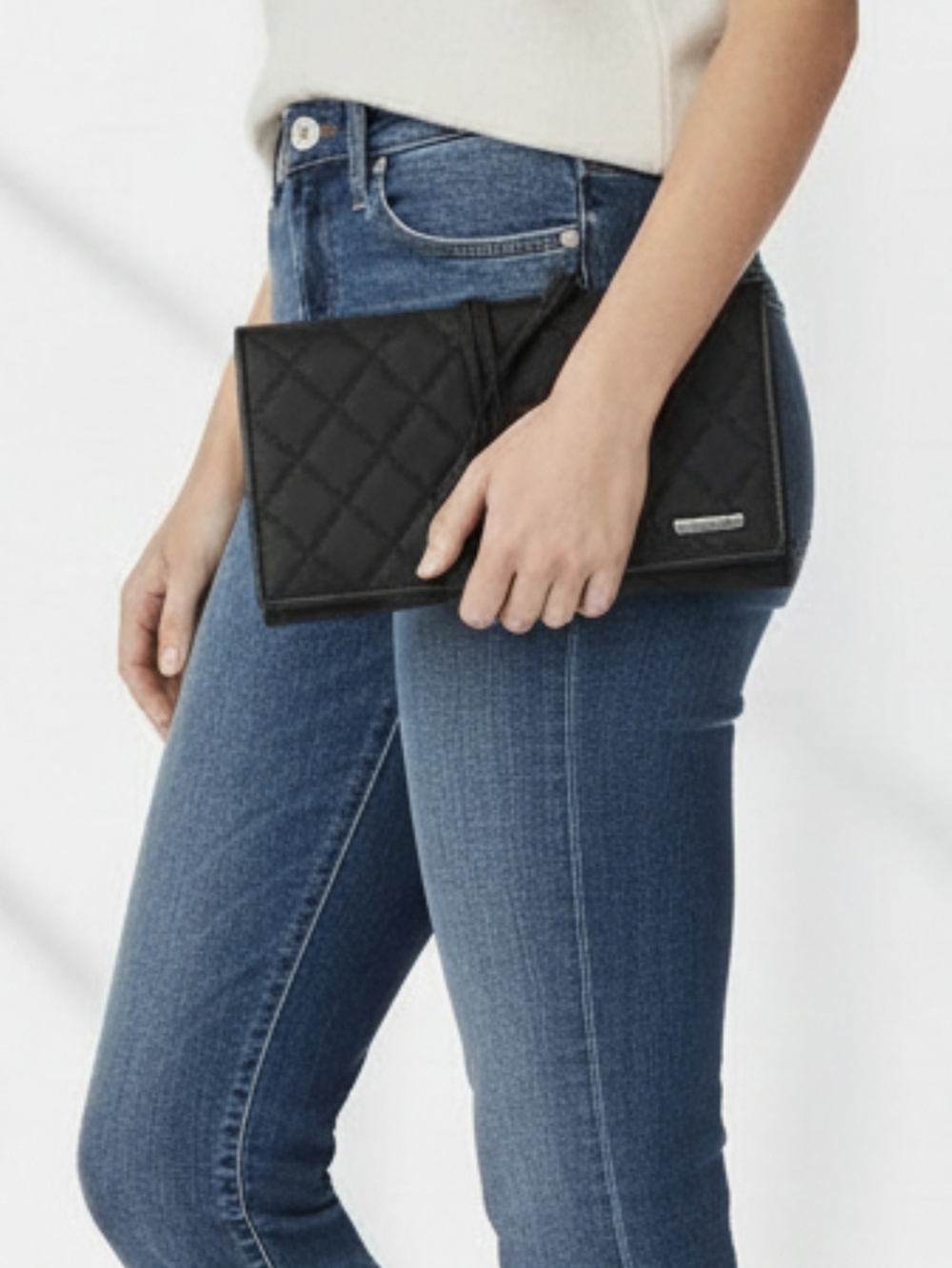 Nine West Quilted Tri-Fold Clutch Wallet Black 9"x4.5"x1.5"